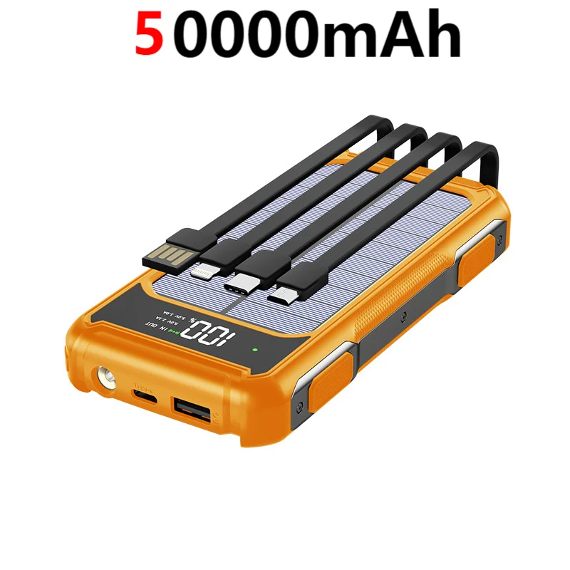 200000mAh 4 in 1 Built in Cables Solar Emergency Power Bank Large Capacity Intelligent Digital Display Power Supply for iPhone: Gold