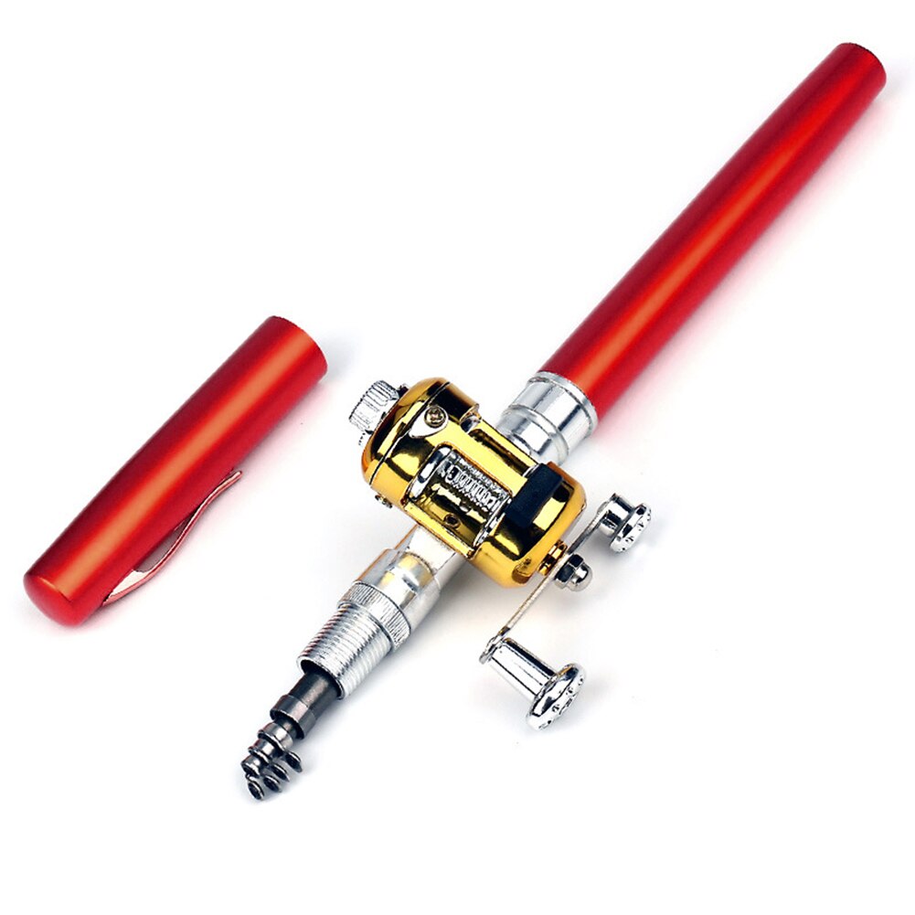 Mini caña de pescar telescópica con forma de bolígrafo, caña de pescar plegable con rueda de carrete, palo retráctil combinado, equipo de pesca al aire libre: Rojo