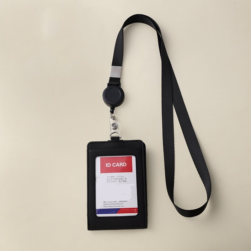 1pc Retractable Badge Lanyard Work Name Business Card Cover Card Holder PU Leather Card Wallet: Black