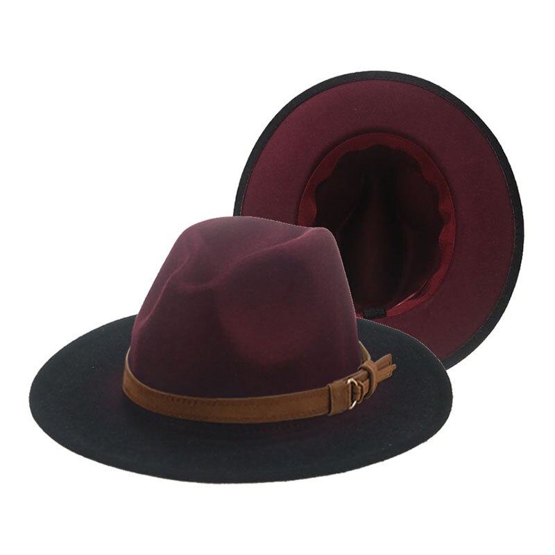 Women's Hat Fedora Gradient Color Red Blue Patchwork Men Hat Casual Belt Hip Hop Panama Winter Hats for Women Sombreros De Mujer: wine red