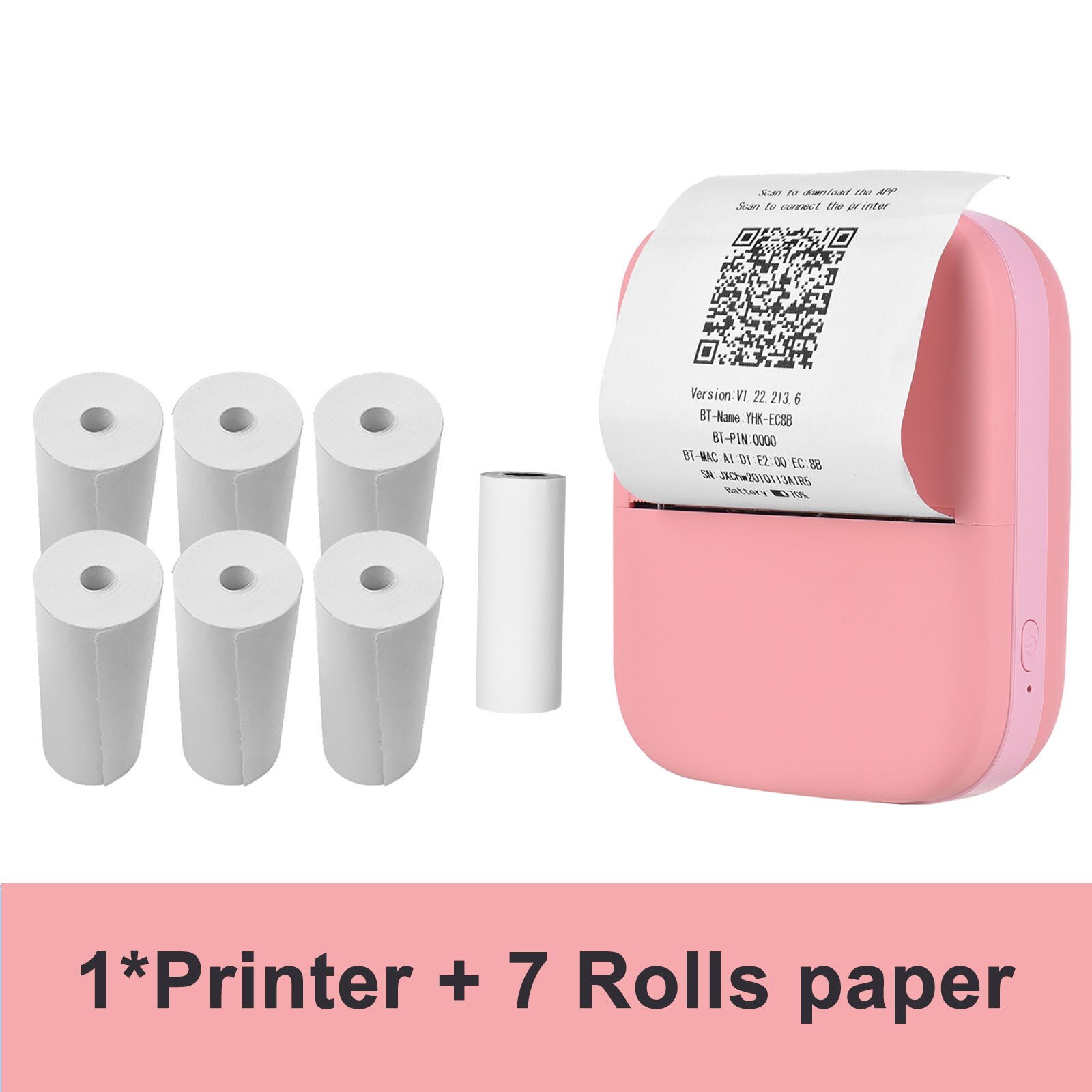 X1 Mini Pocket Printer 80mm BT Wireless Thermal Photo Printer 300dpi Notes Lists Receipt Paper Printer Sticker Inkless Printing: Pink Printer 7Roll