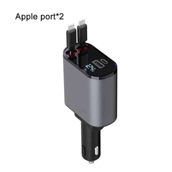 2024 Intrekbare autolader 4in1 Snelle autotelefoonoplader 100 W Intrekbare kabels 2 USB-poorten Autolader voor alle smartphones: Goud