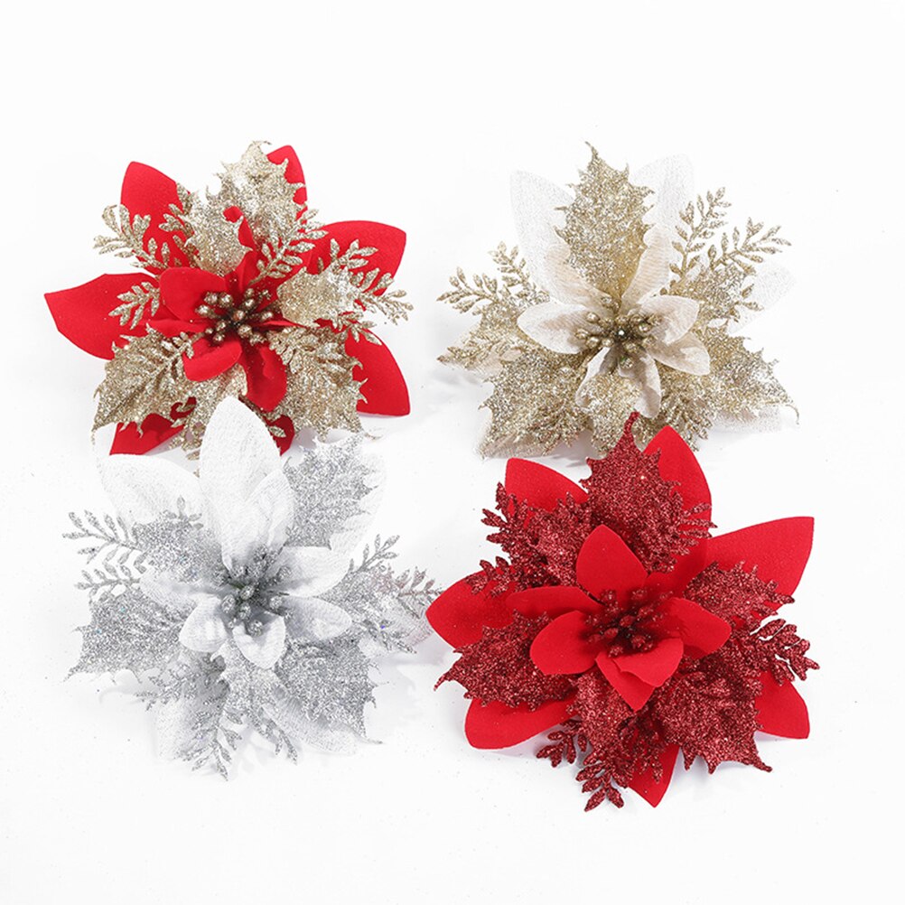 4Pcs Artificial Christmas Flowers Glitter Artificial Flowers Merry Christmas Tree Decorations Xmas Ornaments