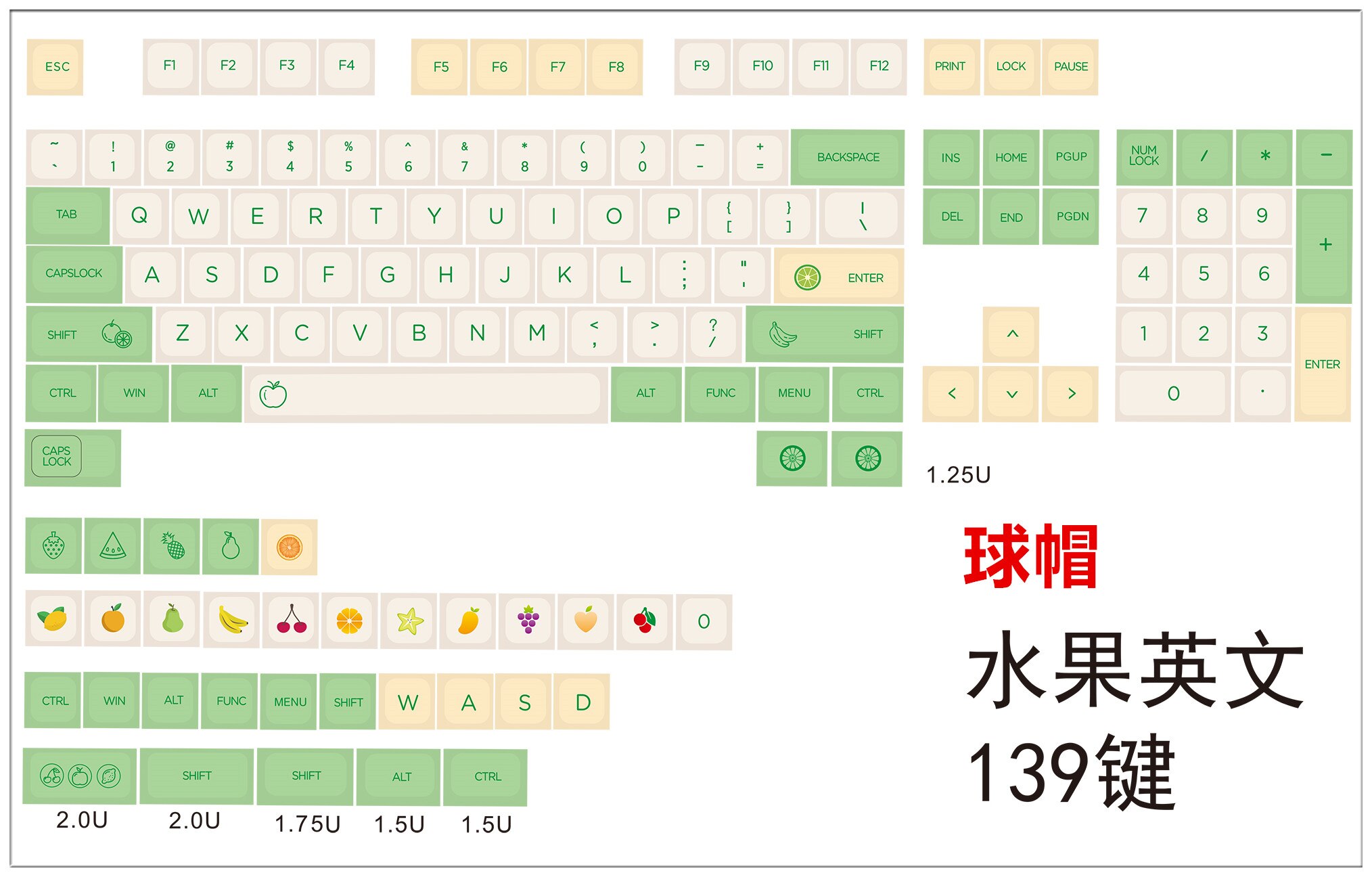 139 Keys/set PBT Dye Subbed Fruit Key Caps For MX Switch Mechanical Keyboard XDA Profile Korean Keycap For IKBC AKKO RK: Only English
