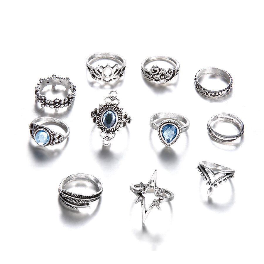 Ensemble d'anneaux d'articulation Vintage pour femmes, bijoux bohémiens, en cristal, plumes de lotus sculptées, 11 pièces