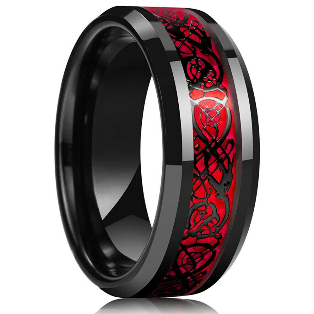 Anillo de acero inoxidable con incrustaciones de dragón celta para hombre, joya de fibra de carbono verde, banda de boda, joyería, Size6-13, 8mm,: 8 / Red