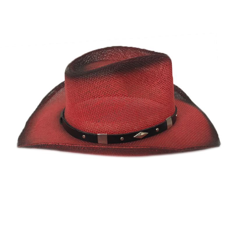 YY Red Cowboy Cap With Wide Brim Men Summer Passionate Sunhats Women Punk Jazz Hat Hollow Breathable Beach Cap CM19015