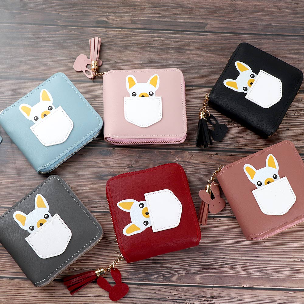 Korte kwastjes dames portemonnees schattige kleine portemonnee cartoon hond dier korte portemonnee met rits rond dames clutch kaarthouder