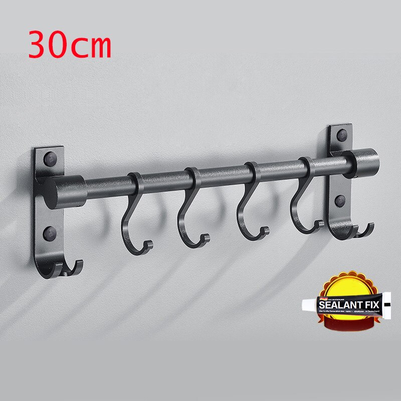 Kitchen Utensil Hook Rack Aluminum Wall Mounted Pantry Tool Holder Black Bathroom Sundry Hook Hanging Rod Shelf Organizer: 30cm