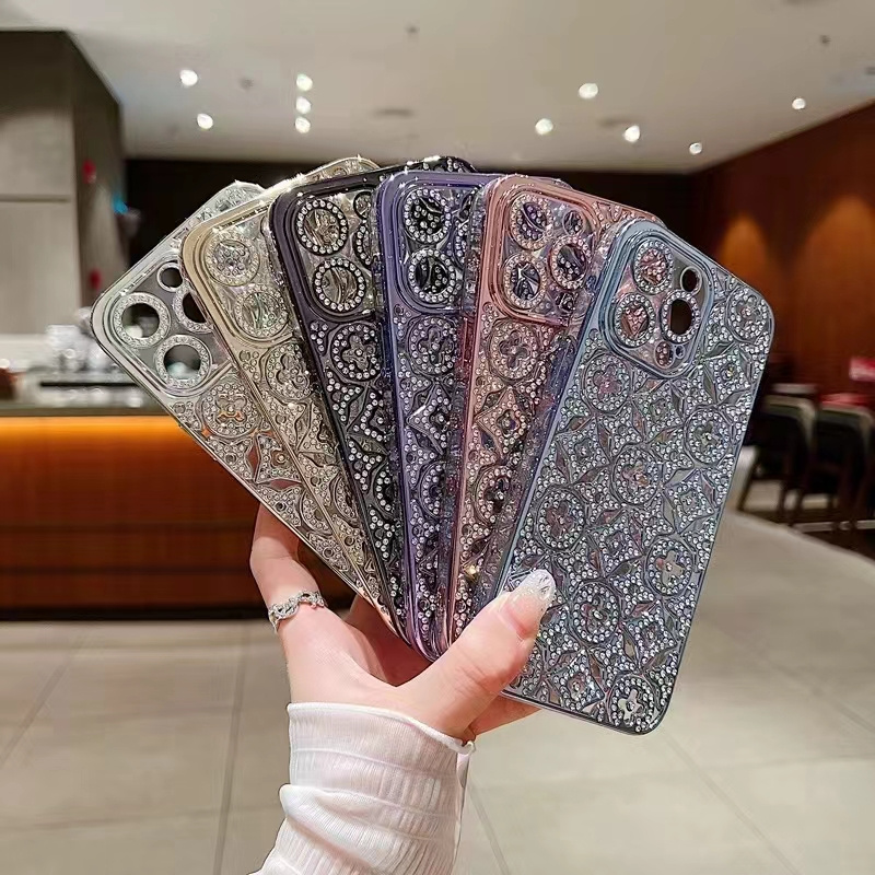 Modernt diamantformad blomma med fint hål i linsen, lämplig för iphone 15 14 13 12 11 pro max, stötdämpande bakstycke