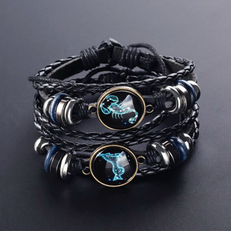 12 Constellation Bracelet Luminous Leather Bracelets Charms Zodiac Sign Bracelets Leo Virgo Libra Gemini for Man Woman Jewelry