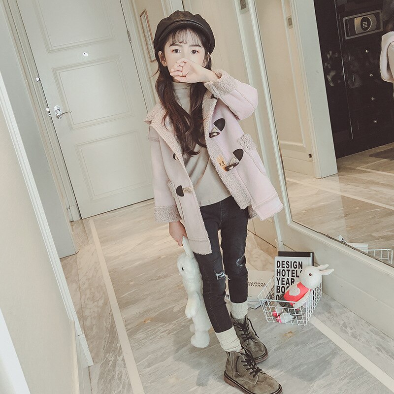 Flickor 4-12 år casual yllejacka med luva vinter mellanlång koreansk stil hornspänne tjock varm fleecejacka