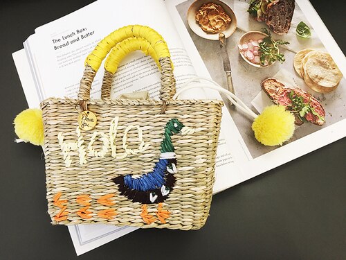 Sommar liten väska semester handbroderad mini handgjord stråväska crossbody semesterväska: Liten gul