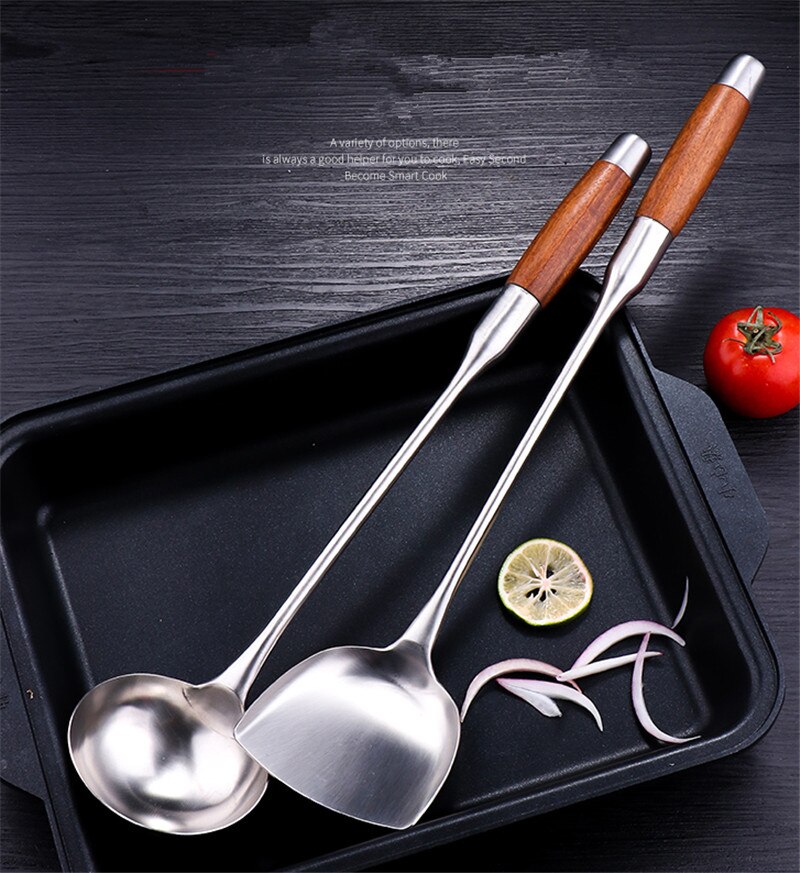 Lang håndtag suppe ske drejning rustfrit stål palisander spatel saucer køkken køkkenredskaber værktøj træ wok spatel