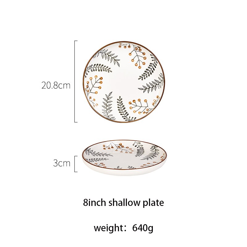 Mdzfsweethome folha veia pintados à mão placa sobremesa macarrão bife salada louça placas de cozimento lasanha pan resistente ao calor: 8shallow plate