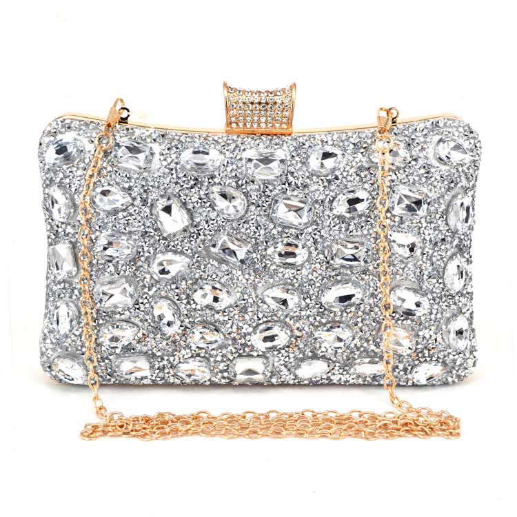 Mode Goedkope Glans Steen Avondtasje Bruiloft Soiree Bridal Zilver Zwart Clutch Purse Met Ketting Handtassen Vrouwelijke Pochette Packet: Silver