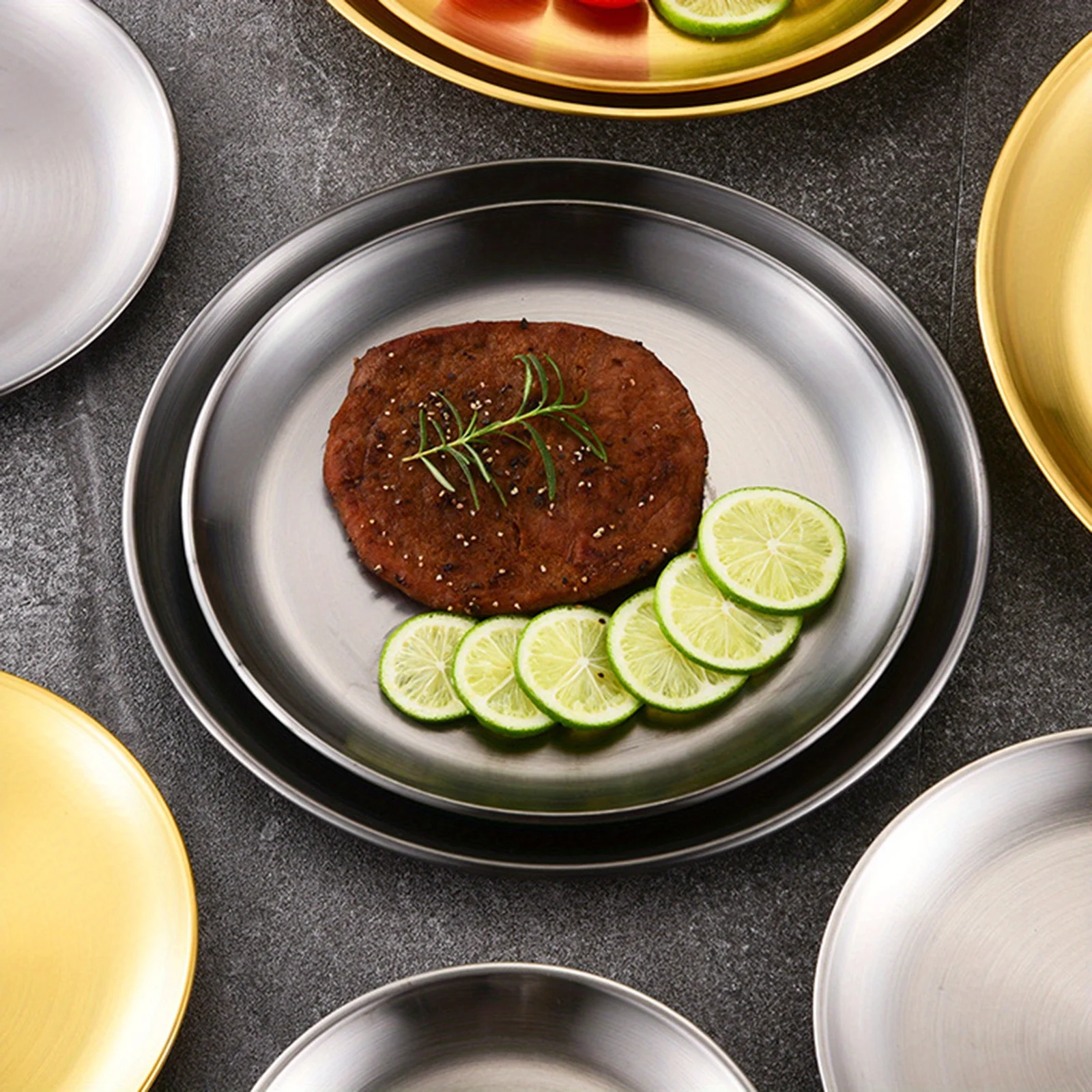 8 Stücke Edelstahl Runde Goldene Flache Tablett Platte Rostfrei 14/17/20/23/26 cm Camping Platte BBQ Picknick Gerichte Kochgeschirr