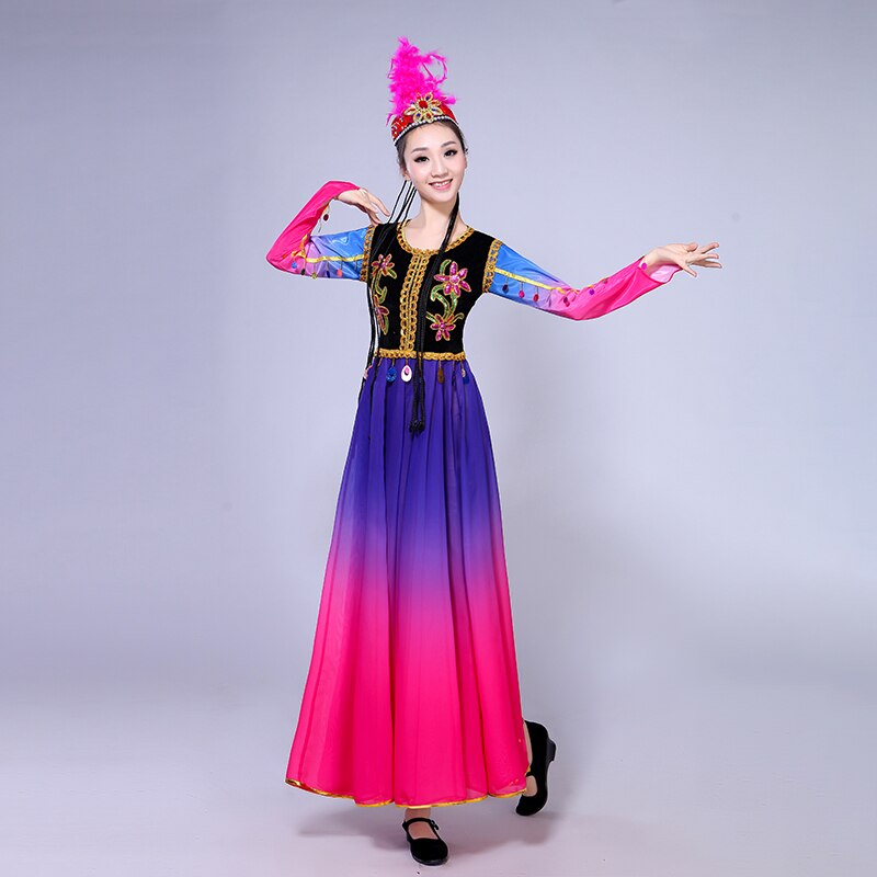 Traje de baile Xinjiang, falda grande de vuelo para mujeres con viento minoritario Uyghur, falda grande para mujeres y adultos