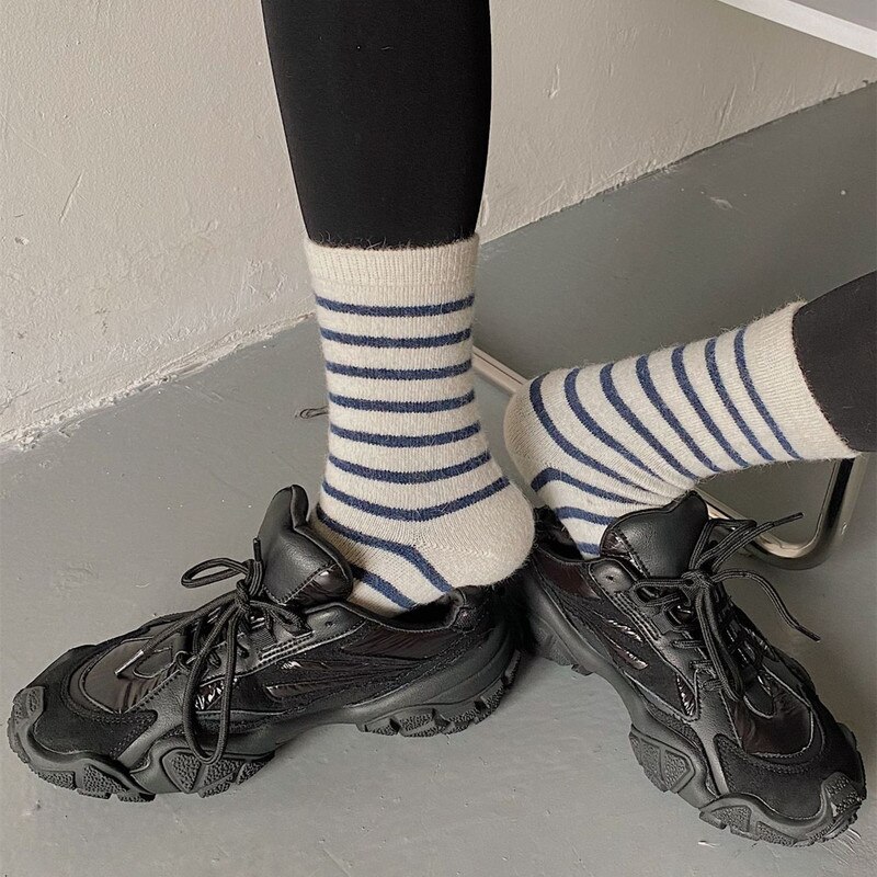 Chaussettes en poils de lapin pour femmes, décontractées à rayures, longues en laine de cachemire, hiver, épaisses et chaudes, Streetwear, chaussettes thermiques d&#39;équipage, , 20%