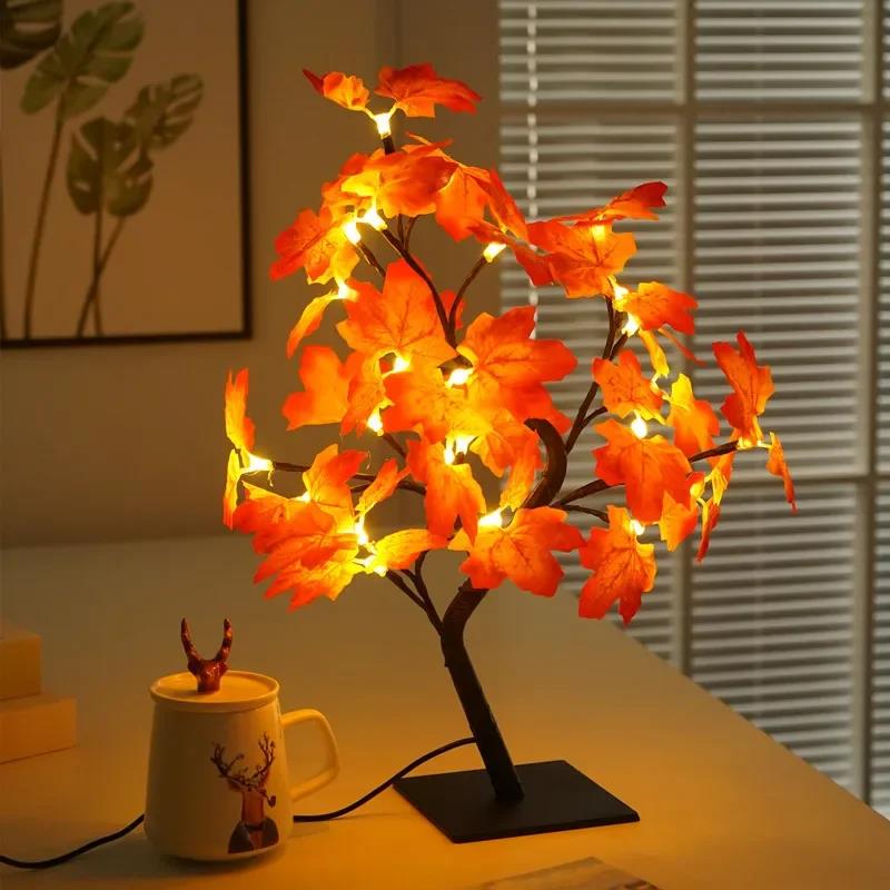 24 LED hoja de arce Hada luz flor árbol lámpara de mesa Rosa luz de noche USB operado para boda decoración de Halloween