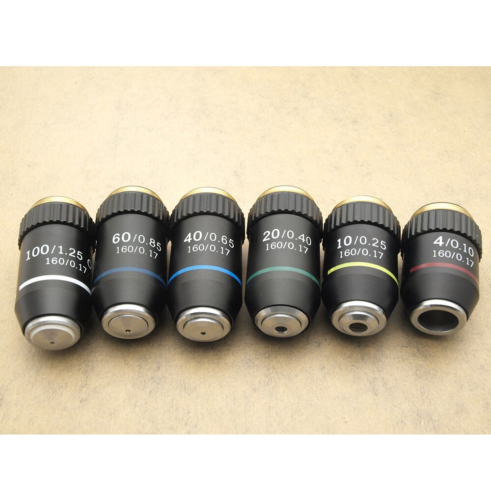 RMS Thread 160/0.17 4X 10X 20X 40X 60X 100X(oil) Biological Microscope Objective Lens