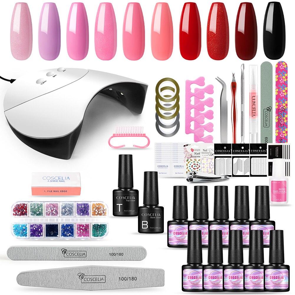COSCELIA-Juego de esmaltes en Gel para uñas, conjunto de manicura con lámpara LED UV, barniz híbrido semipermanente, herramientas de para decoración de uñas kit uñas semipermanente con lampara with torno uñas: 10pcs Set 01