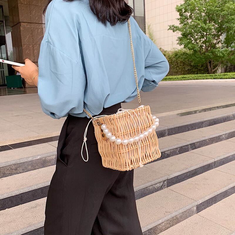 rotin carré femmes sacs à bandoulière perles poignée sacs à main en osier tissé été plage paille sac dame chaînes bandoulière sac à main