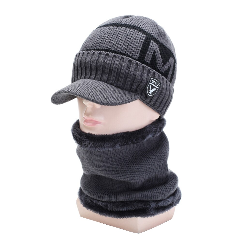 5 färger nyaste unisex herr kvinnor vinter varm mössa halsvärmare hantverk stickat visir mössa fleecefodrad öronlock: Grå