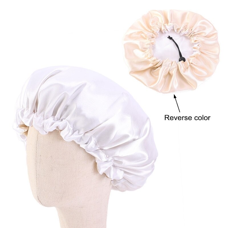Adjustable Baby Hair Caps Silky Satin Bonnet Double Layer Sleep Cap Night Turban Children Solid Headwear Cute Hat Hair Wear: White
