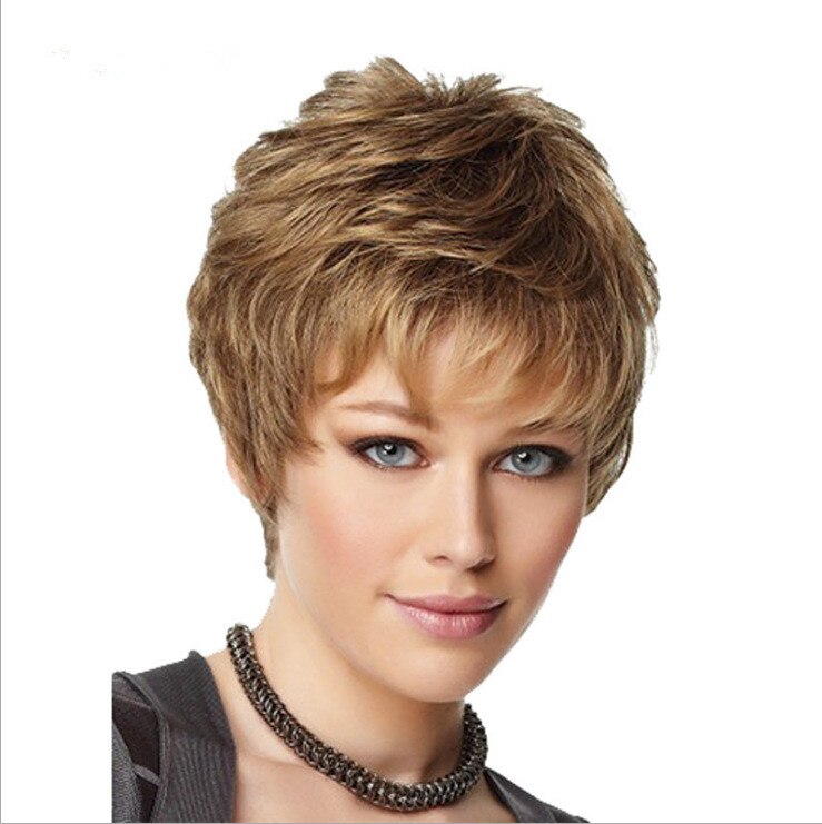 Grillige W Synthetische Gemengde Blonde Korte Pruiken Natuurlijke Bruin Haar Hittebestendige Haar Pruik Voor Vrouwen