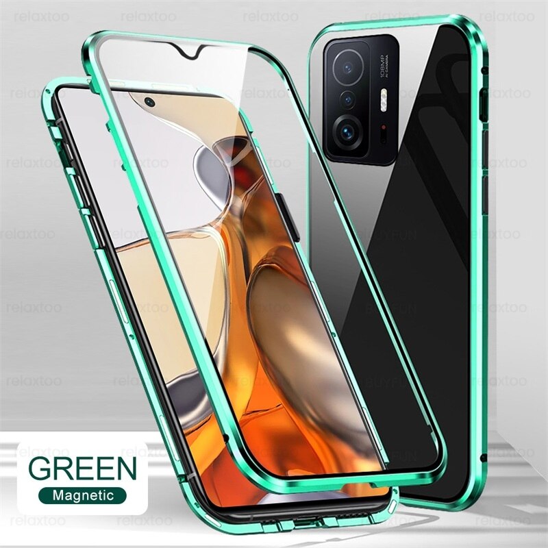 Dla xiaomi 11 t pro case 360 ° dwustronne szkło hartowane magnetyczne klapki xiaomi11t xiomi 11 t mi11t pro metalowy zderzak protect coque: for Xiaomi 11T / green-05