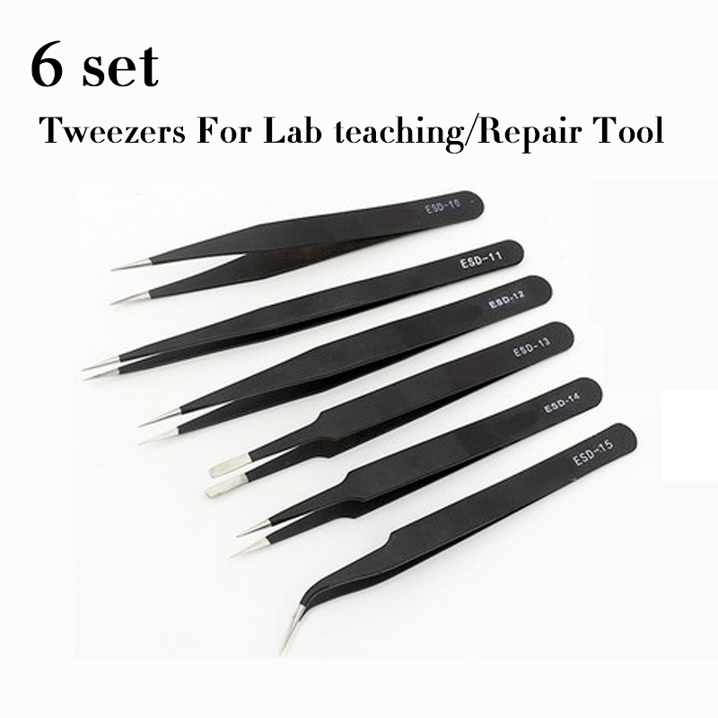 6 set/partij Precisie Rvs Anti Statische pincet voor solderen smd tool, Pincet, pincet Voor Lab onderwijs/Reparatie Tools