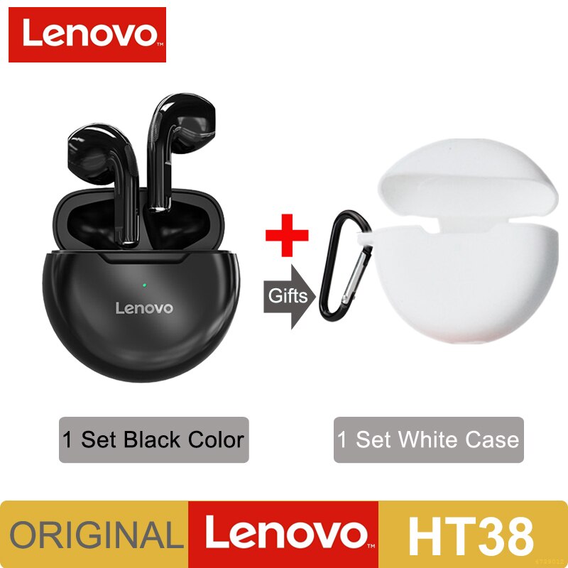 Lenovo HT38 TWS Earphone Wireless Fone Bluetooth Headphones AI Control Mini Headset Dual Mic Noise Reduction HiFi Stereo Earbuds: Black ad White Case