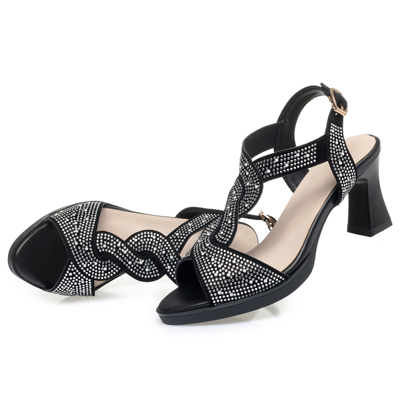 AIYUQI Sandals Women Summer Sandals Women Open Toe Rhinestone High Heels Roman Shoes Women: black / 33