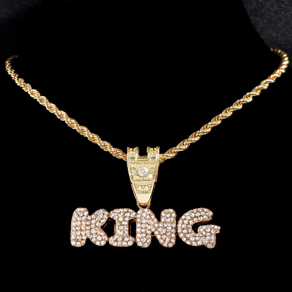 Stainless steel/Zircon Chain Necklace Iced Letter KING Pendant Chain Necklaces For Women Men HipHop Party Male Jewellery: rope chain GD / 24inch (62cm)