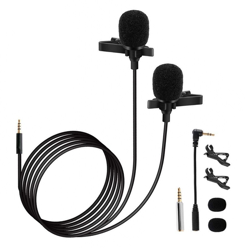 Clip-On Condenser Omni Directional Microphone Double Head Smartphone Computer Lapel Mic 3.5mm Plug and Play with Clip Adapters