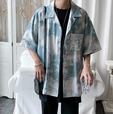 Ruihuo print kortermet skjorte herre slim fit fritidsskjorter herre mannlig business bluse merke pluss størrelse m -5xl: Lyse blå / Xxxl