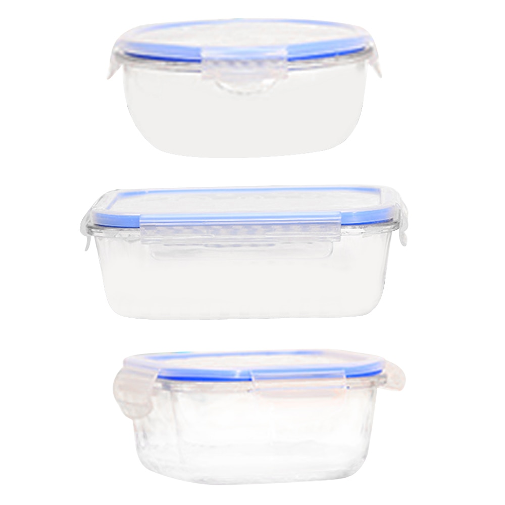 Glass Lunch Box Round Rectangle Transparent Blue Food Container Travel Portable Adults Kid Lunchbox Microwaveable