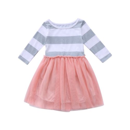 Little Girls Spring TuTu Dress Long Sleeve Striped Waist Ruffle Round Neck Dress Loose Mesh Multi-Layer Princess Dress