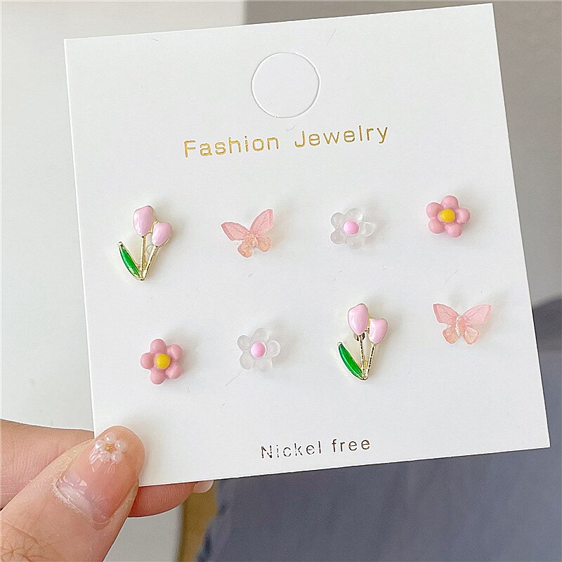 Aomu korea retro rosa blå gul blomma frukt örhänge söt släta oregelbundna geometriska örhängen med små nitar för kvinnor: E