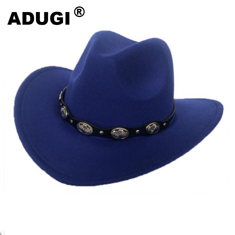 ADUGI punk styl kapelusz kowbojski jesienno-zimowy wełniany filcowy kapelusz mężczyźni i kobiety jazzowy kapelusz brytyjski pas metalowy retro kapelusz: Niebieski