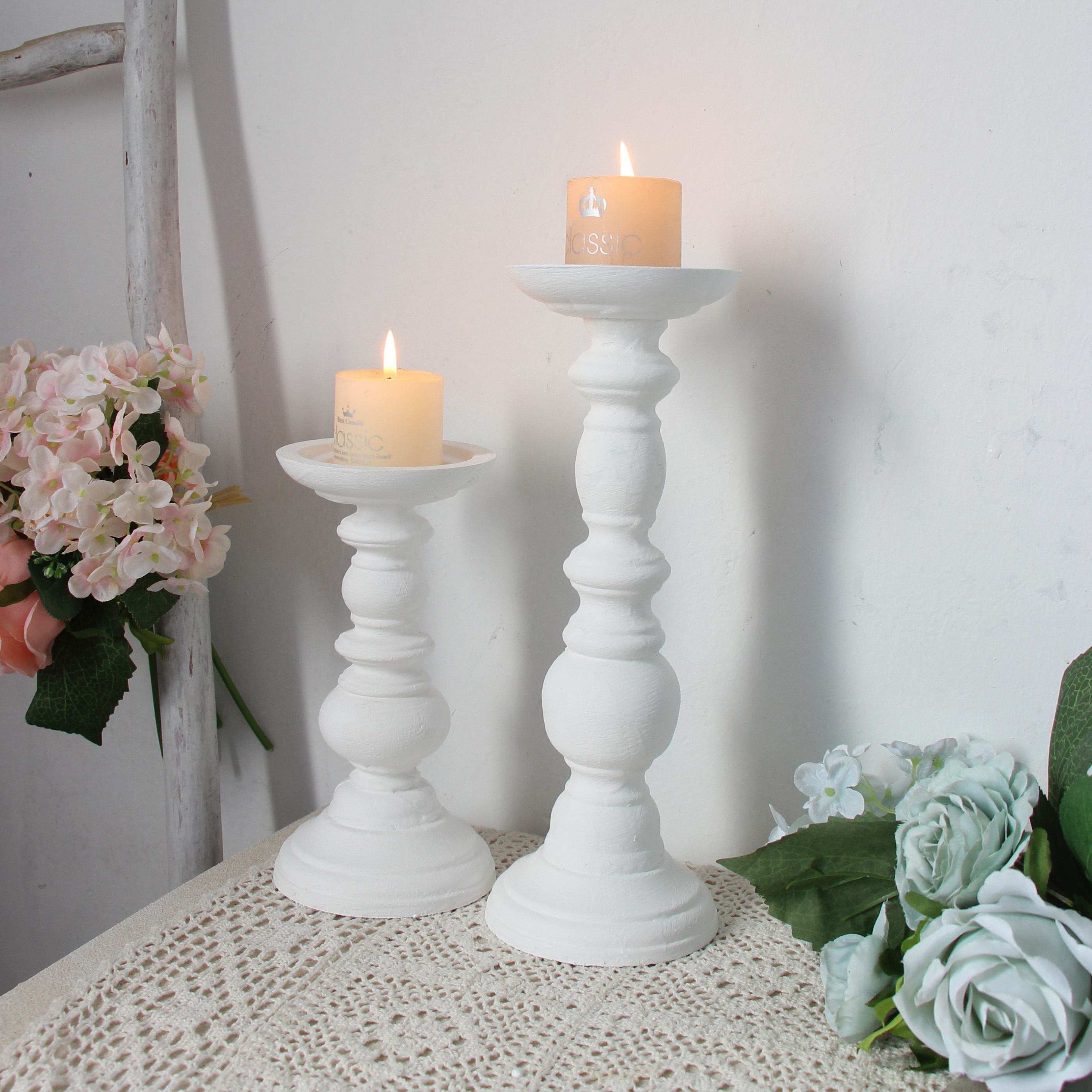 Ensemble de bougeoirs en bois blanc ci-après, chandelier, pot de plantes succulentes, décoration de table et de bureau, décor rustique de mariage et de