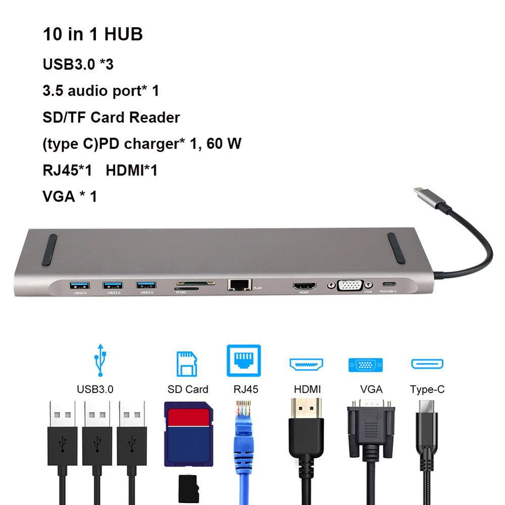 Usb C Hub Type C Naar Multi Usb 3.0 Hdmi Vga RJ45 Sd Kaartlezer Voor Macbook Pro Adapter USB-C 3.0 Splitter Poort USB-C Hub