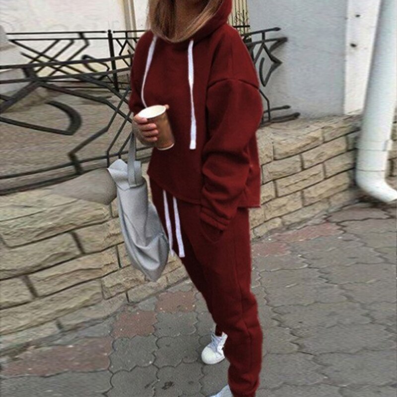 Vrouwen 2 Stuk Outfits-Effen Pullover Trainingspakken Lange Mouw Sweatshirt Skinny Lange Broek Fitness Trainingspak Set: Wine Red / S