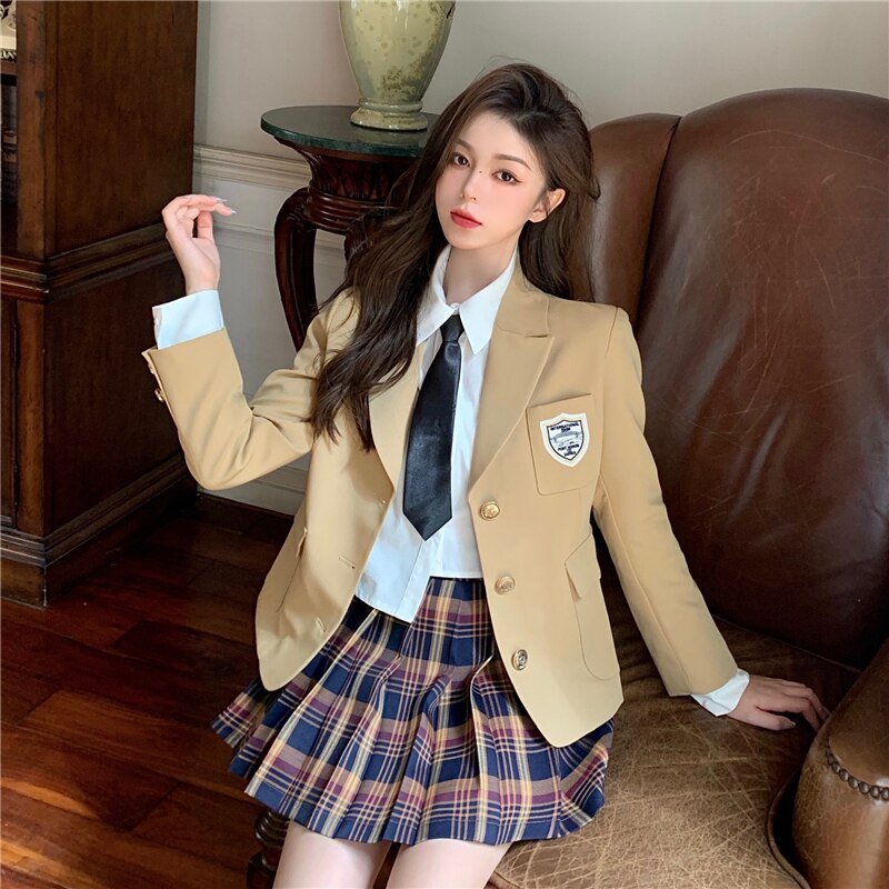 Women Spring Thin JK Suit High Waist Japan Preppy Style School Uniform Short Badge Blazer Coat Top Outwear Clothes