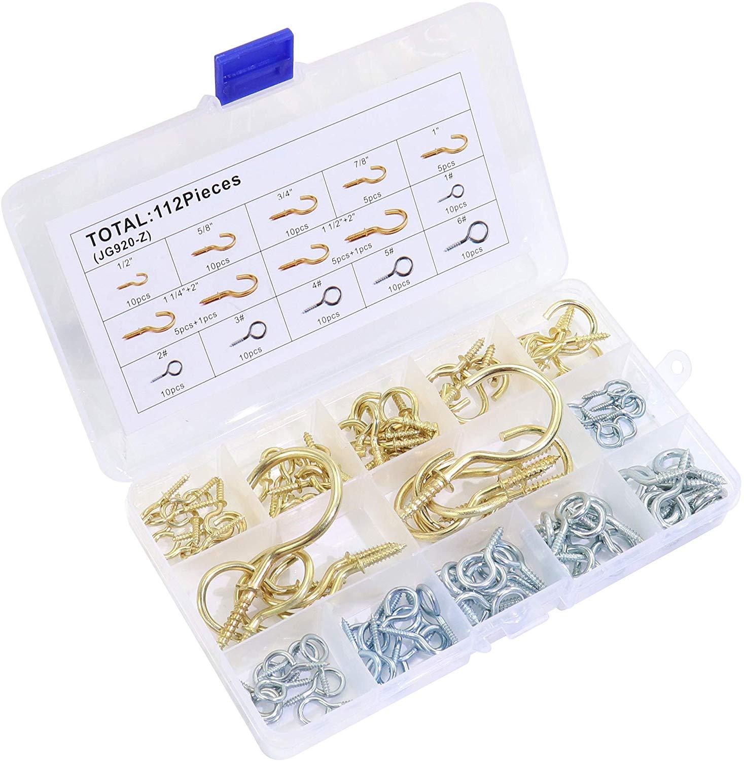 IZTOSS Eye Bolts Screw Hooks and Brass Plated Ceiling Screw Cup Hooks Hangers, Assortment 15 Sizes, 112 Pieces