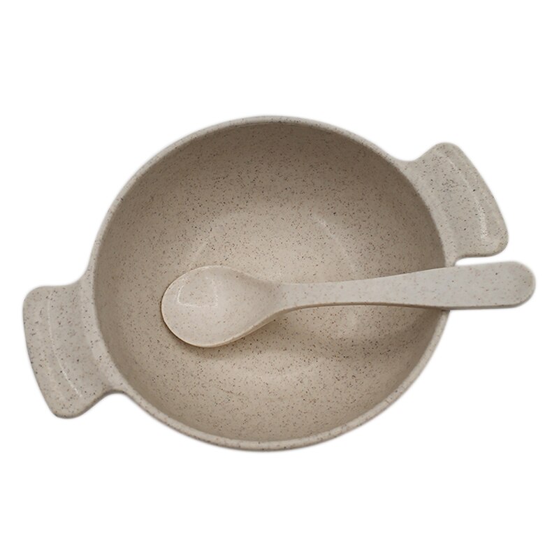 2pcs Baby Feeding Tableware Set Eco-Friendly Wheat Straw Infant Plate Children Dish Dinnerware Kids Anti Training Bowl+Spoon: Beige Set
