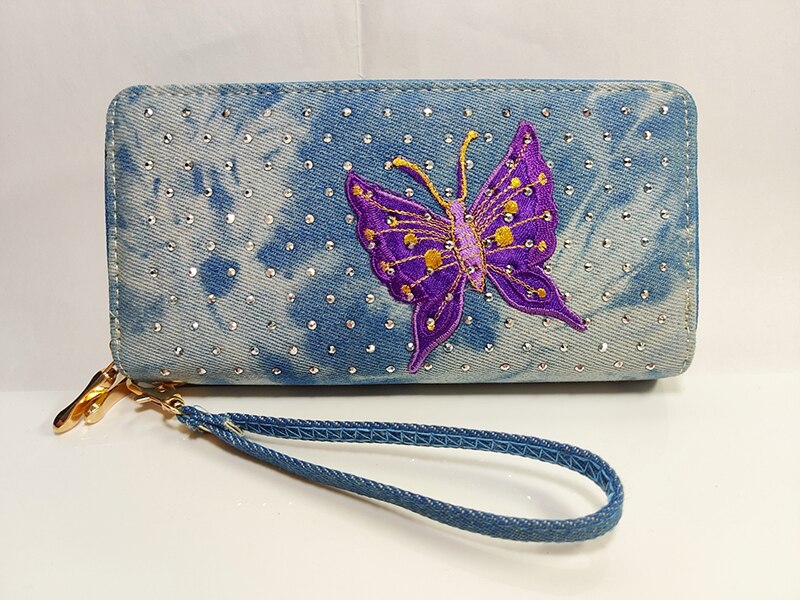 Phone Purse Women Wallets Denim Big Female Brand Retro Ladies Long Woman Wallets Card Clutch Double Zipper ladies wallet Diamond: Butterfly Wallet 10