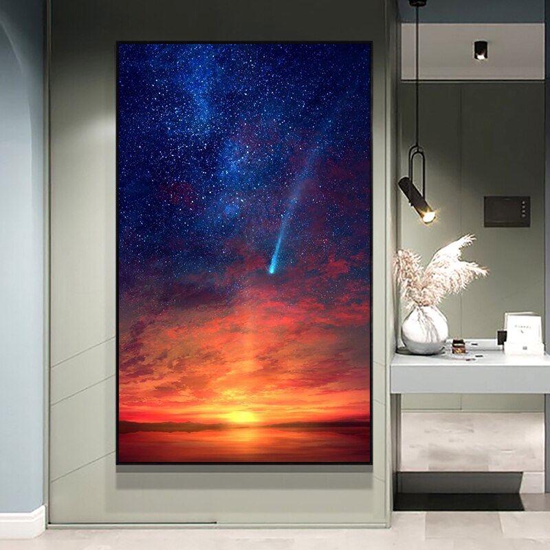 Schilderen op nummer kunst handgetekende illustratie landschap schemering lucht roze wolken huis gang decoratief schilderij