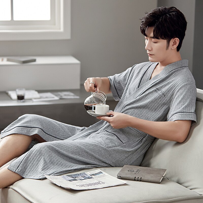 Bata de baño de algodón de talla grande para hombre, ropa de dormir de manga corta con cuello en V, cárdigan, informal, suave, para verano, L-4XL